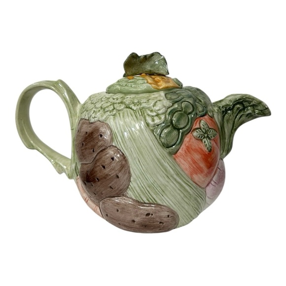 Vtg 1980's FITZ & FLOYD Vegetable Garden Ceramic Teapot w/ Lid 40 oz Multicolor - Picture 2 of 10